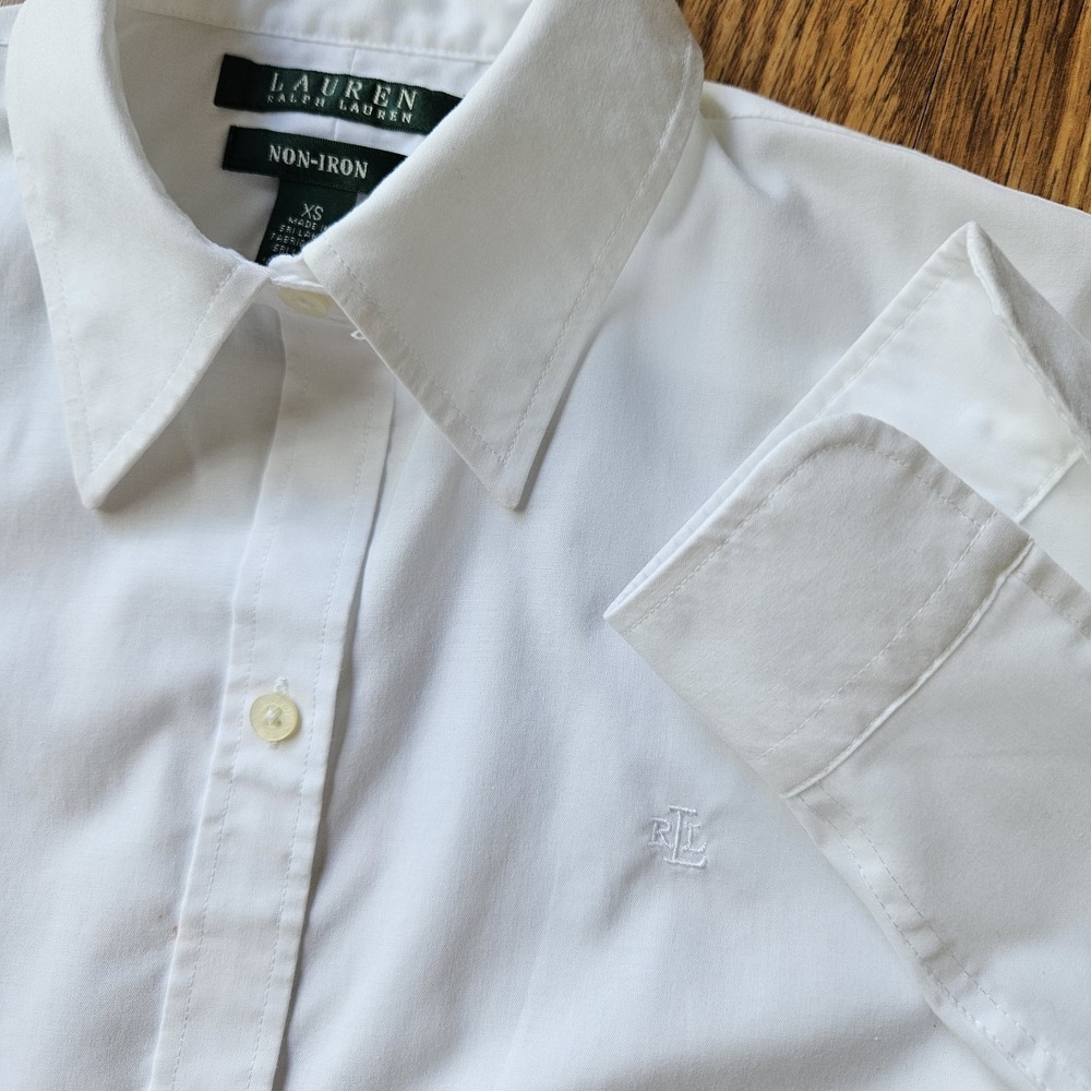 LRL Ralph Lauren Women White Slim Fit Button Down Dress Shirt Size XS Small Flaw